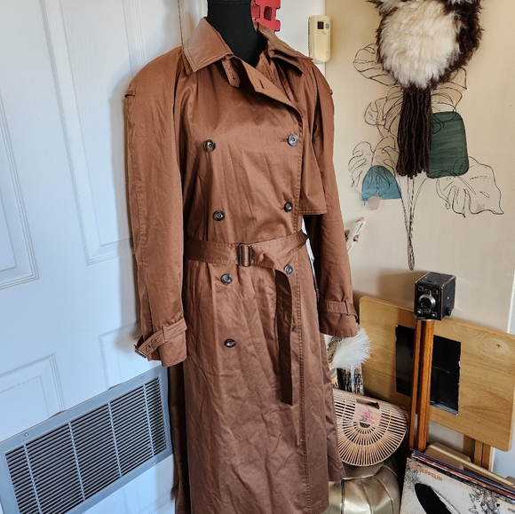 Vintage 80s 90s double breasted dark brown trench coat with leather - Picture 2 of 8